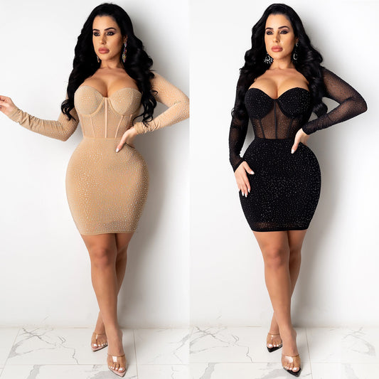 Echoine Autumn Elegant luxurious Diamond Mini Dress Women Sexy Sheer Mesh Patchwork long Sleeve Skinny Party Club Vestidos new