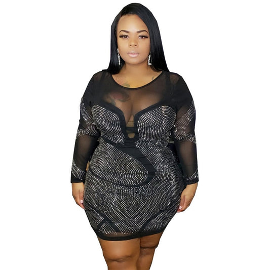 plus size women dress round neck long sleeve bag hips diamonds dress mesh sexy mini dresses high waist wholesale drop shipping