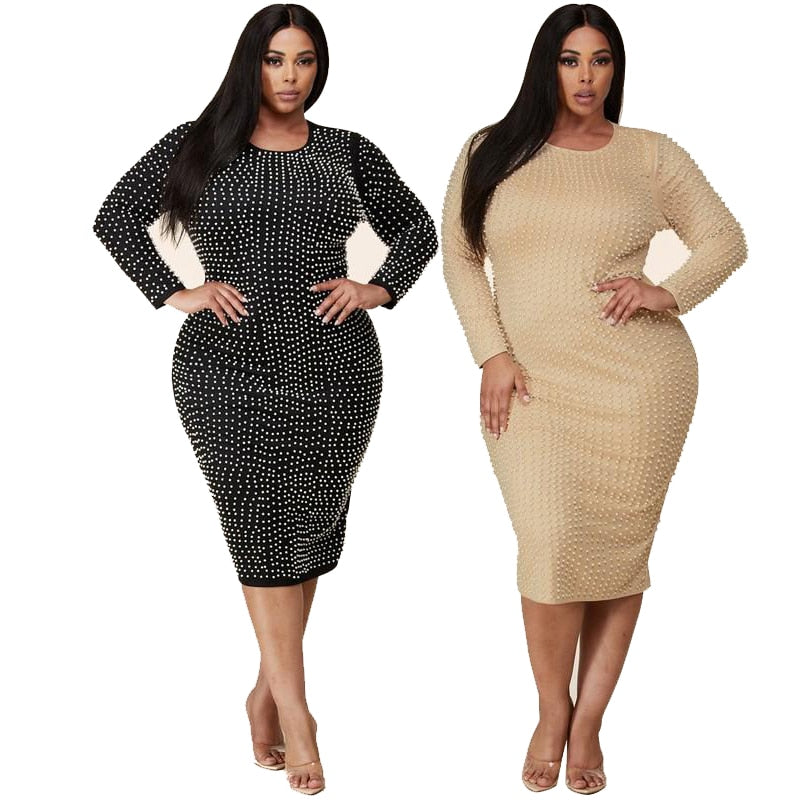 Midi Dress Fashion Beaded O Neck Long Sleeve Elegant Streetwear Leisure Mid Waist Plus Size Dress XL-5XL Wholesale Dropshipping