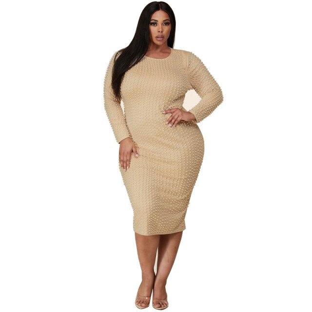 Midi Dress Fashion Beaded O Neck Long Sleeve Elegant Streetwear Leisure Mid Waist Plus Size Dress XL-5XL Wholesale Dropshipping