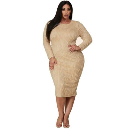 Midi Dress Fashion Beaded O Neck Long Sleeve Elegant Streetwear Leisure Mid Waist Plus Size Dress XL-5XL Wholesale Dropshipping