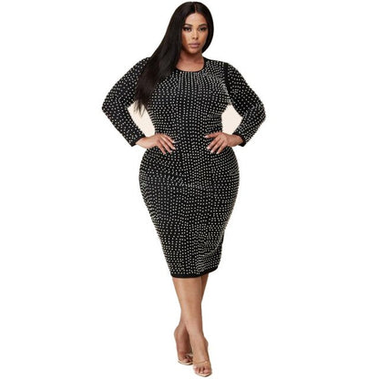 Midi Dress Fashion Beaded O Neck Long Sleeve Elegant Streetwear Leisure Mid Waist Plus Size Dress XL-5XL Wholesale Dropshipping