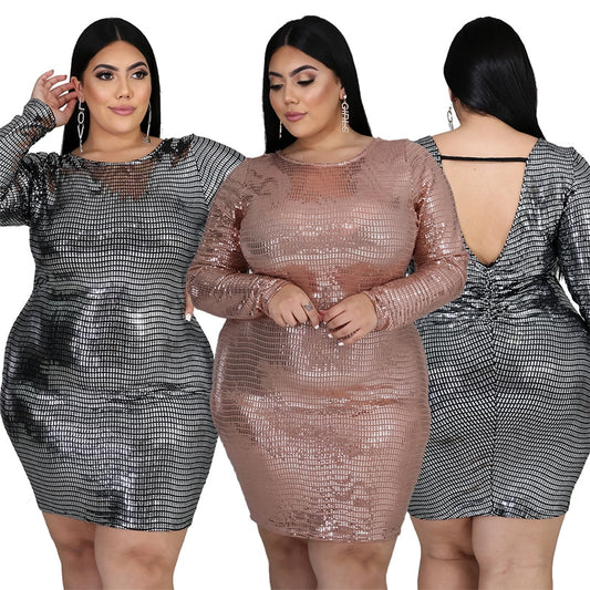 Women's Dress 5xl Sexy Round Collar Long Sleeve Sequins Elegant Fashion High Waist Plus Size Dresses Wholesale Dropshipping