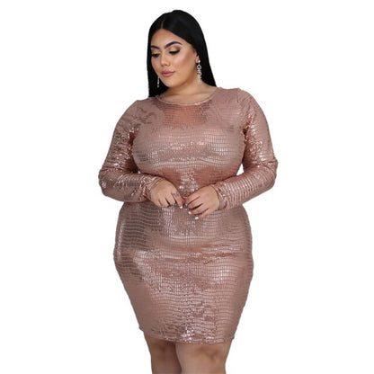 Women's Dress 5xl Sexy Round Collar Long Sleeve Sequins Elegant Fashion High Waist Plus Size Dresses Wholesale Dropshipping