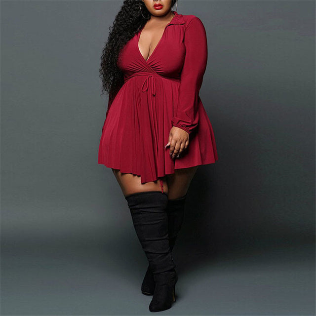 Plus Size Women Clothing Sizes Dresses with Lace Up V Neck Long Sleeve Dress Sexy Bodycon Mini Dress Dropshipping Wholesale