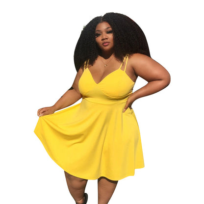 Summer Women Yellow Casual Dress Sexy V Collar Solid Color Elegant Sling Swing Dresses Fashion Outfit Wholesale Dropshipping