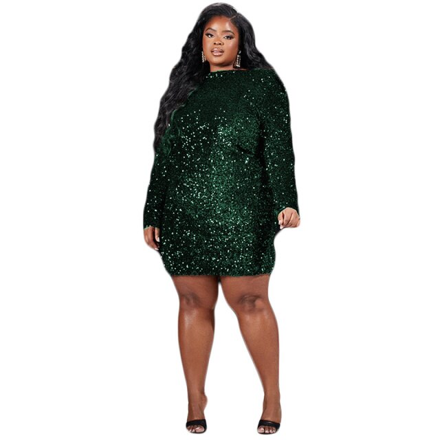 Sexy Evening Dresses Women Round Neck Long Sleeve Back Hollow Out Sequins Glittering Elegant Plus Size Mini Dress Wholesale