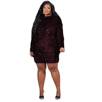 Sexy Evening Dresses Women Round Neck Long Sleeve Back Hollow Out Sequins Glittering Elegant Plus Size Mini Dress Wholesale