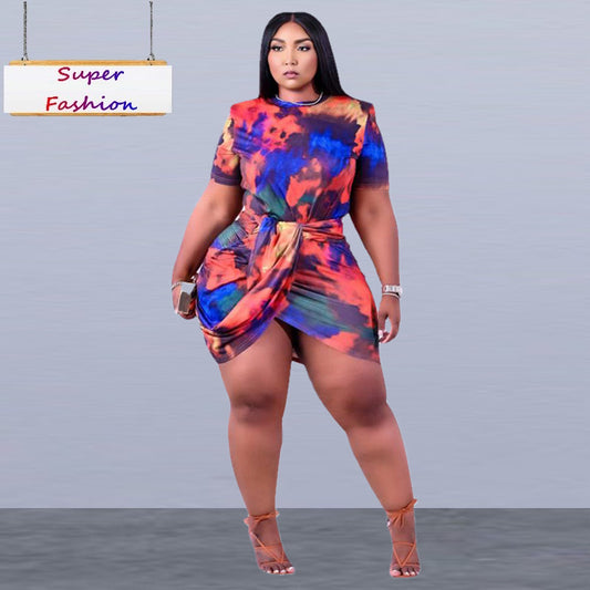 L-4XL women summer clothing 2021 plus size dress fashion sexy tie dye short sleeve irregular mini dresses Wholesale Dropshipping